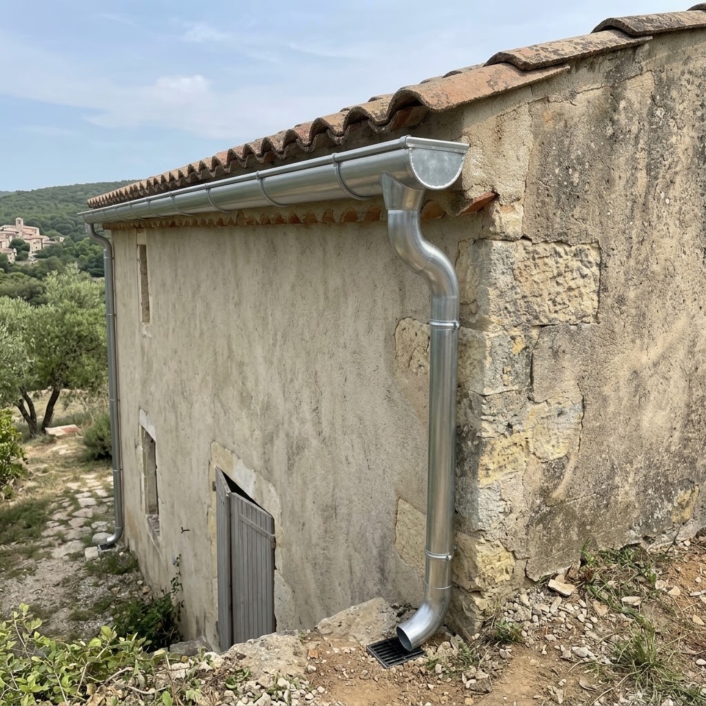 Gouttière terminée le long d'une toiture
